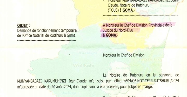 Nord-Kivu : Le Gouverneur autorise provisoirement le bureau de l&rsquo;Office notarial de Rutshuru d&rsquo;exercer le service minimum à Goma
