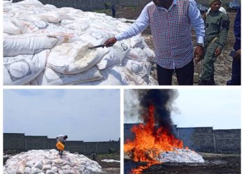 Nord‑Kivu : Environ six tonnes de produits vivriers déclarés avariés ont été détruits publiquement dans le quartier Bujovu, par le Centre d’arbitrage des affaires civiles à Goma