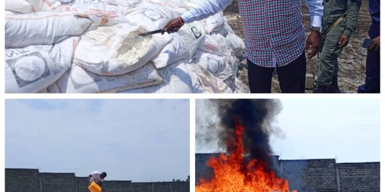 Nord‑Kivu : Environ six tonnes de produits vivriers déclarés avariés ont été détruits publiquement dans le quartier Bujovu, par le Centre d’arbitrage des affaires civiles à Goma