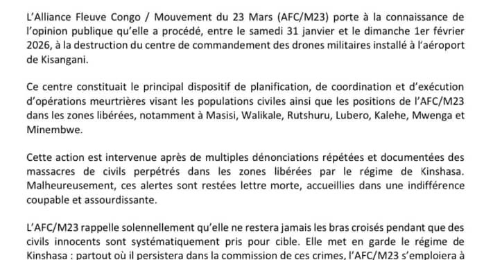 Goma: L&rsquo;AFC/M23 revendique la destruction du centre de commandement des drones militaires à l&rsquo;aéroport de Bangkoka/Kisangani/Communiqué