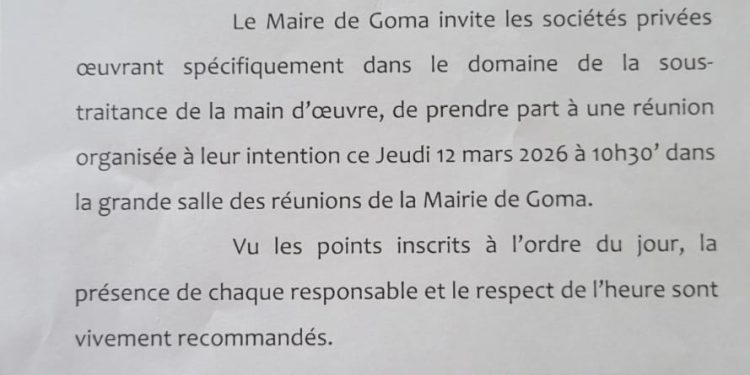 Nord-Kivu : la mairie de Goma convoque les entreprises de sous-traitance à une réunion
