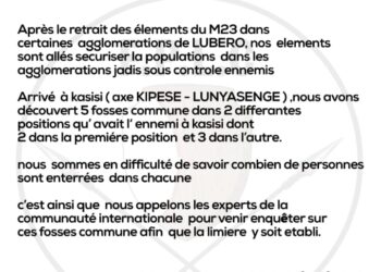 Lubero : Découverte de fosses communes à Kasisi, appel à une enquête internationale
