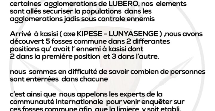 Lubero : Découverte de fosses communes à Kasisi, appel à une enquête internationale