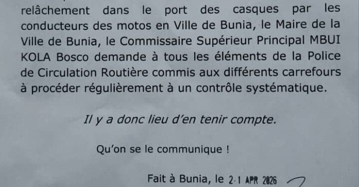 Bunia : le maire rappelle l’obligation du port du casque pour les motocyclistes