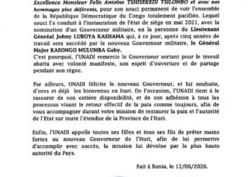 Ituri : l’UNADI salue l’action du Président Tshisekedi et accueille le nouveau Gouverneur militaire