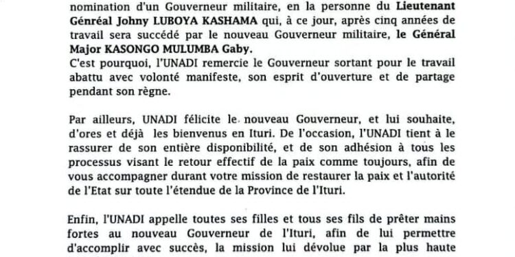 Ituri : l’UNADI salue l’action du Président Tshisekedi et accueille le nouveau Gouverneur militaire