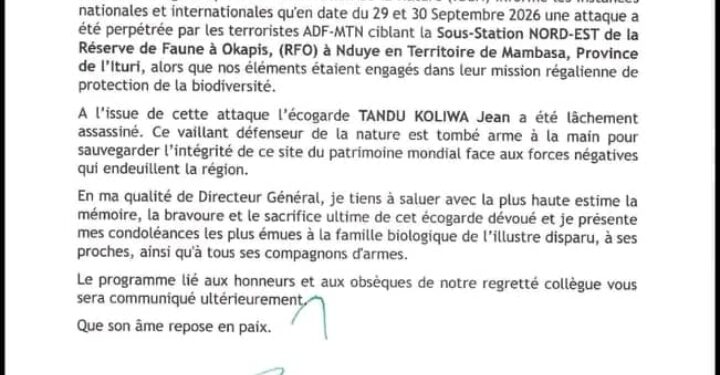 Mambasa : un écogarde tué lors d’une attaque contre la Réserve de faune à okapis
